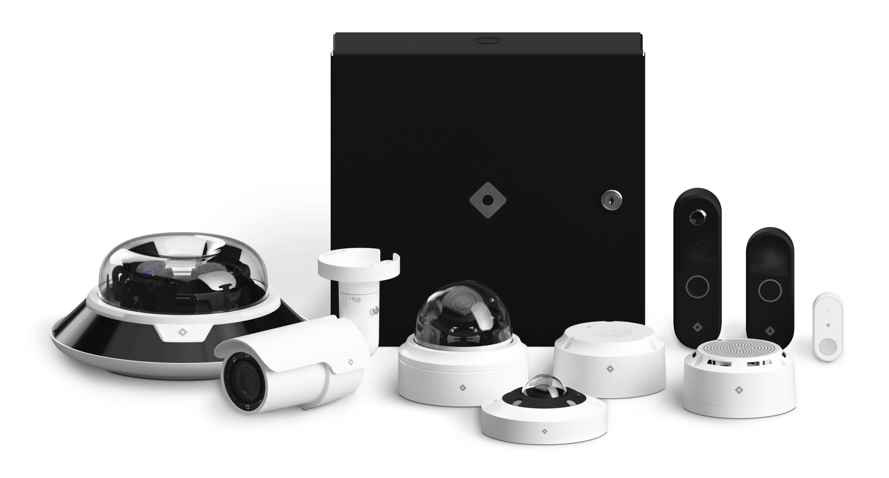 Full suite of Rhombus physical security products—cameras, alarms, and IoT sensors—on display