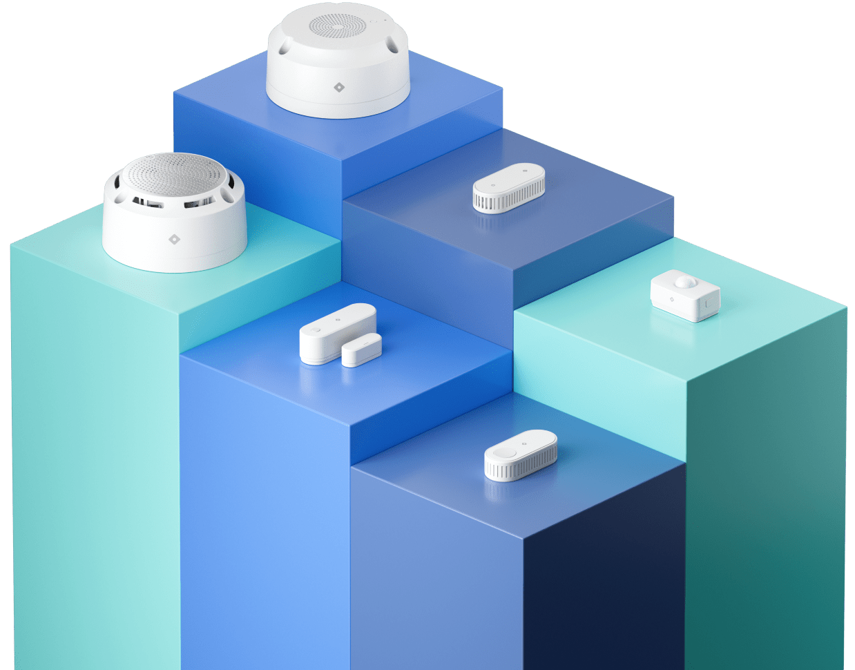 Display of various Rhombus IoT sensors on a podium, showcasing proximity, temperature, pressure, and infrared sensors for diverse applications.