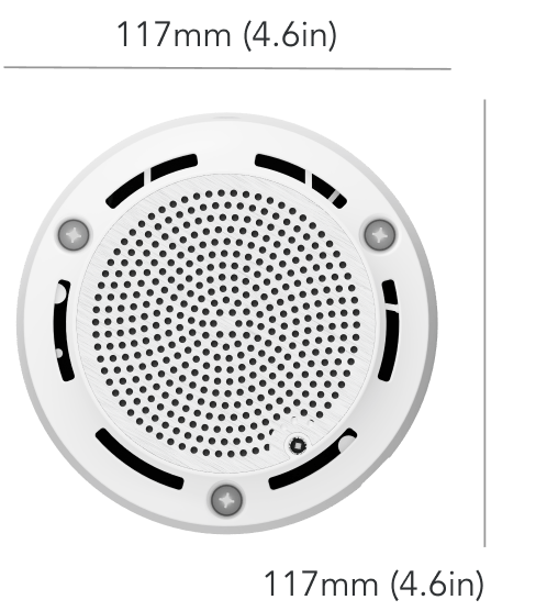 Top view of the Rhombus E50 environmental sensor for comprehensive indoor air quality monitoring. Features multiple sensors for detecting particulate matter (PM1.0/2.5/4.0/10), temperature, humidity, VOC index, carbon monoxide, carbon dioxide, NOx index, formaldehyde, pressure, glass break, and loud noise. Compact design with low power consumption for continuous environmental monitoring of various air quality factors and ambient conditions.