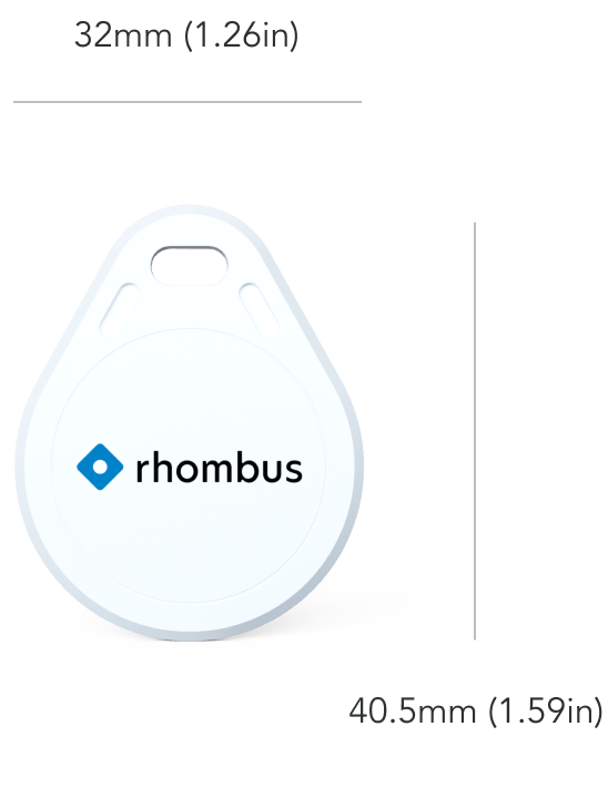 A white key fob featuring the word "rhombus" in bold text, set against a plain background.