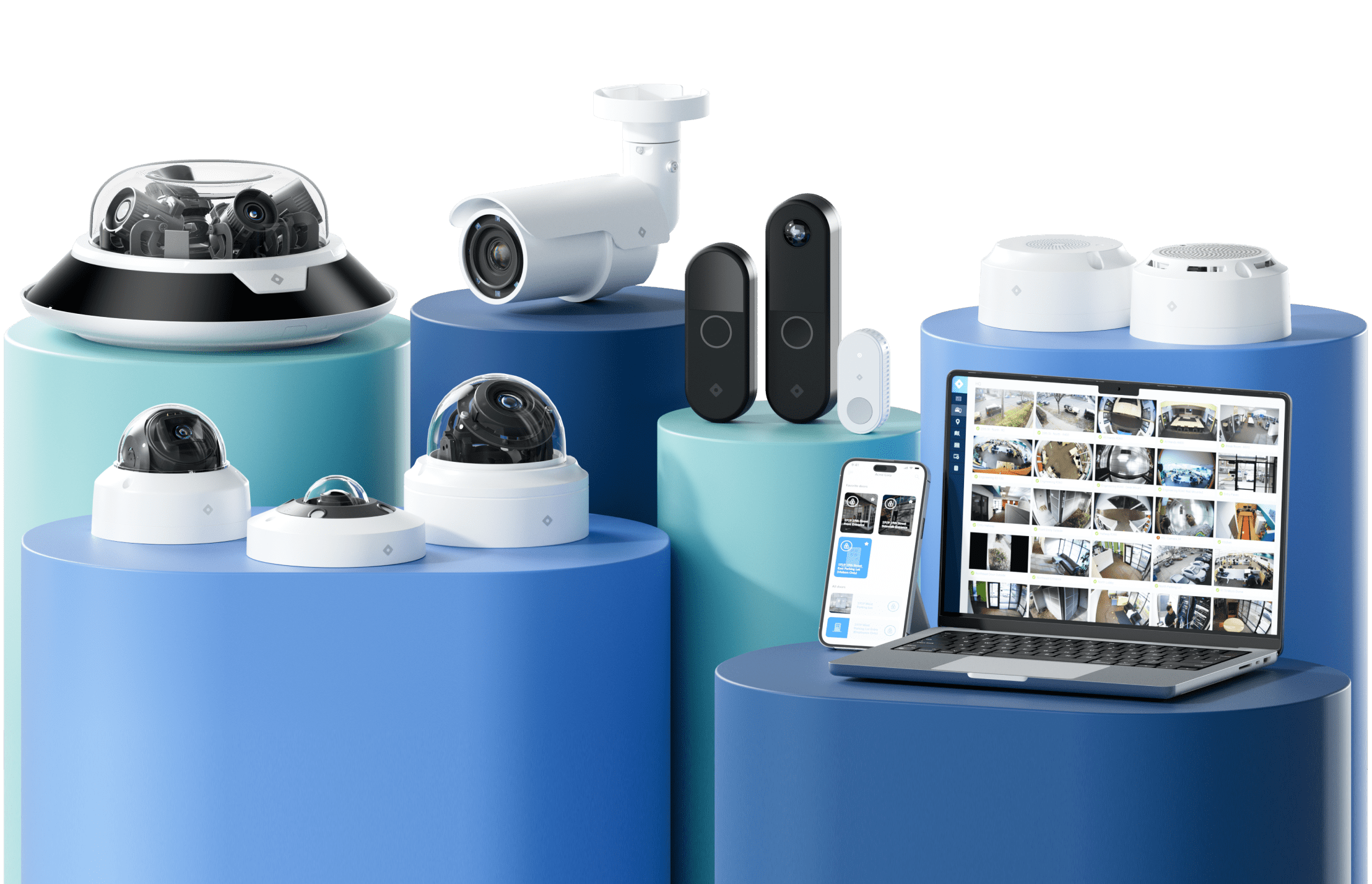 Display of all Rhombus products, including cameras, iot sensors, and access control, showcasing comprehensive security solutions.