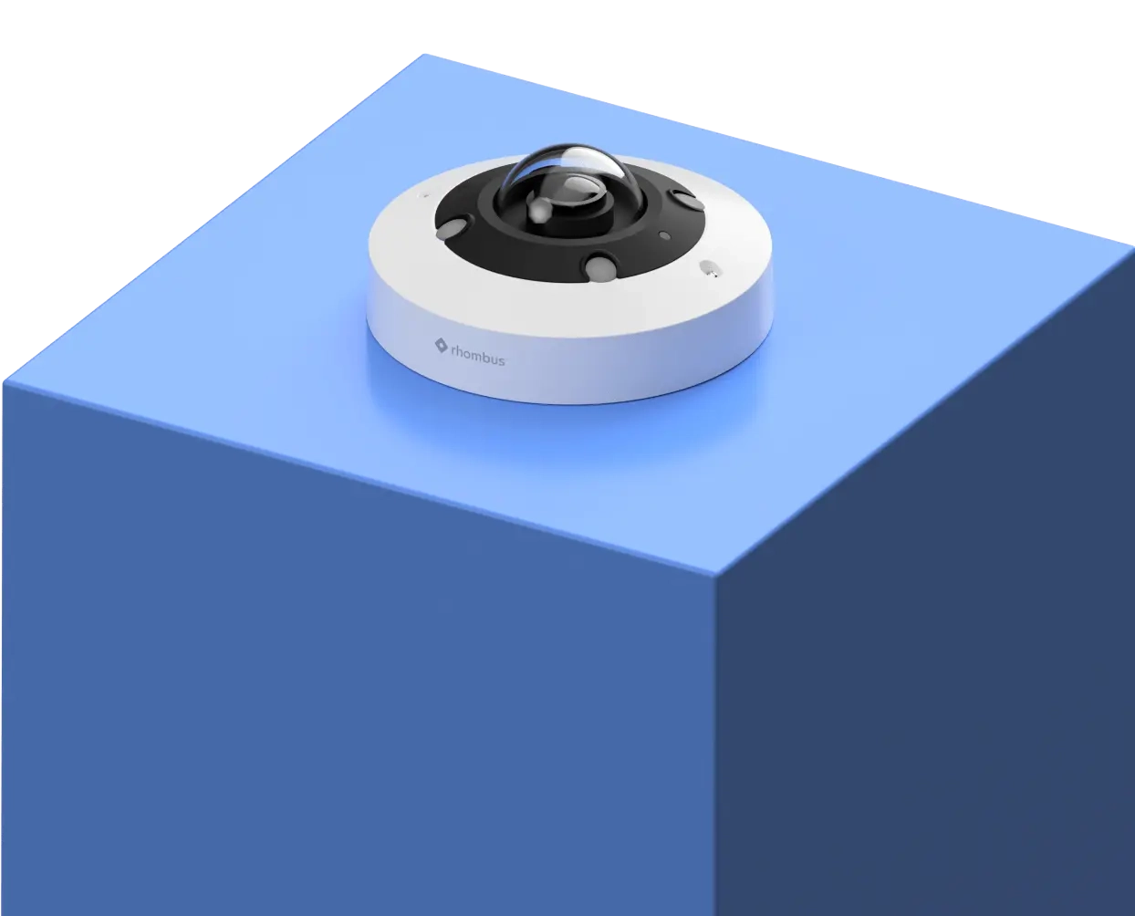 Rhombus R360S fisheye surveillance camera displayed on a podium, showcasing the advanced features of fisheye cameras for security