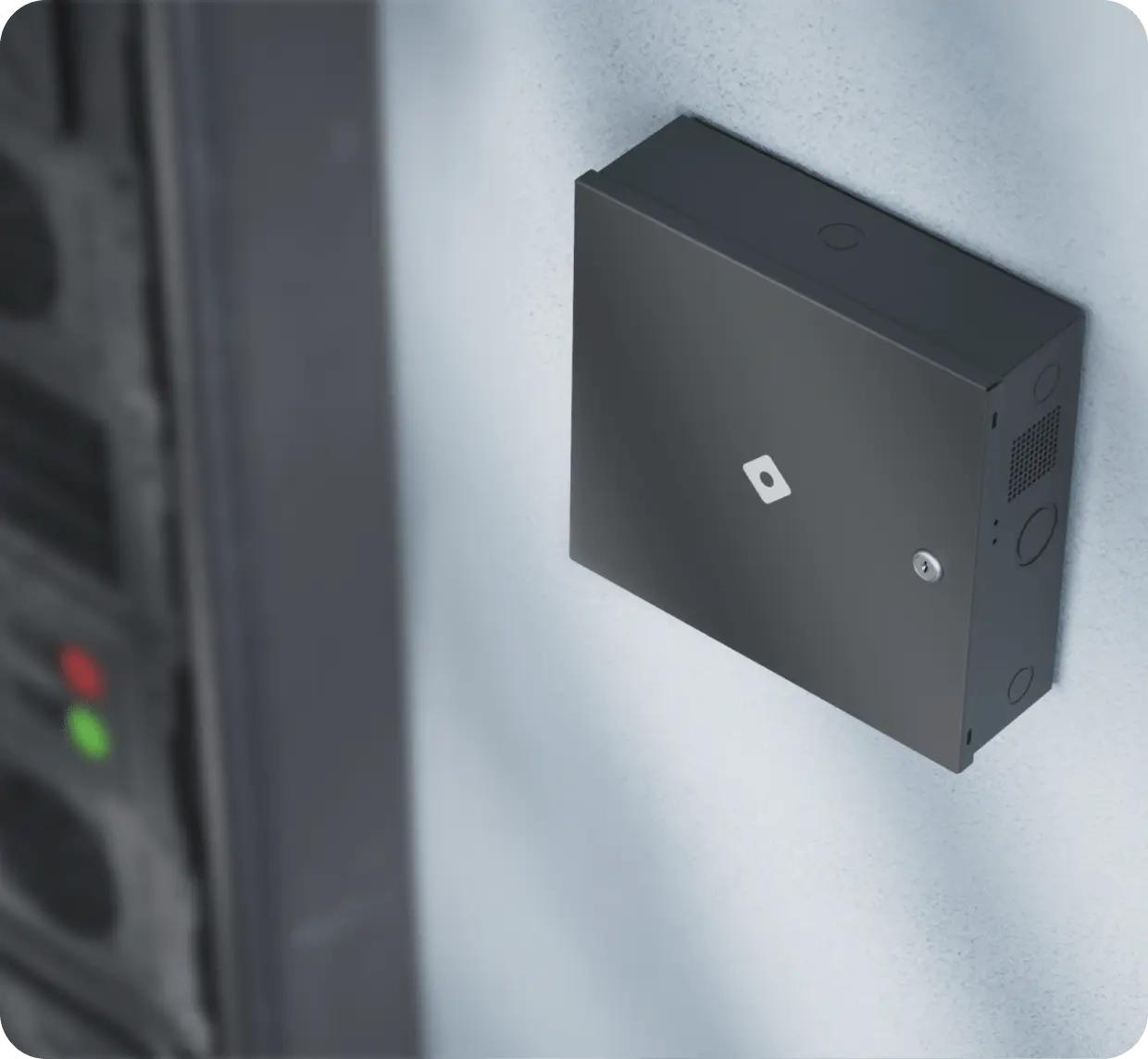 Rhombus access control door controller mounted on a wall, showcasing a key component of cloud-based access control systems. This device monitors entry and exit points, helps prevent unauthorized access attempts, and integrates with visitor management systems for comprehensive security, unlike the traditional access control systems.